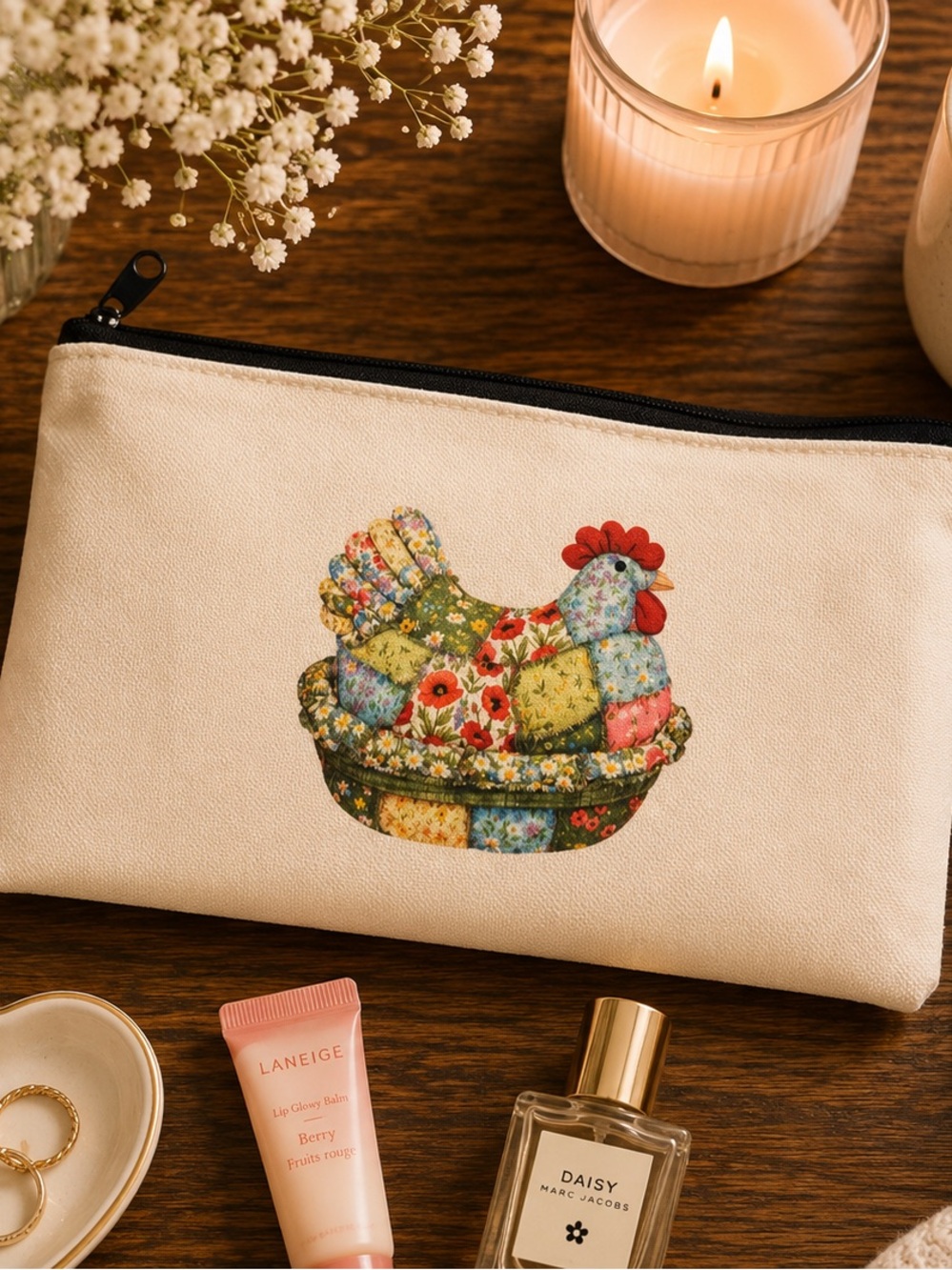 Cream Cosmetic Pouch with Floral Patchwork Chicken